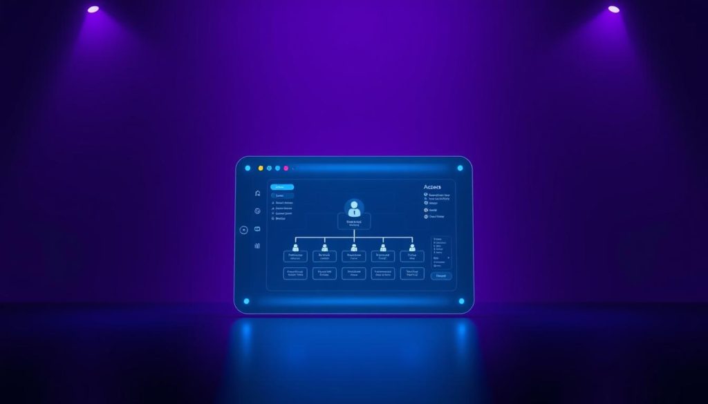 A majestic royal purple backdrop sets the stage for the key features of a secure enterprise chat platform. In the foreground, a sleek, minimalist access control panel emerges, conveying a sense of order and security. Elegant, futuristic icons and interfaces hint at the platform's sophisticated capabilities, while a subtle glow from hidden light sources lends an air of technological sophistication. The middle ground features a simplified organizational chart, symbolizing the platform's ability to maintain control and visibility over user access and permissions. Subtle shadows and a carefully balanced composition create depth and draw the viewer's eye towards the central access control interface, the focal point of this image. The overall atmosphere exudes a sense of professionalism, reliability, and enterprise-grade security. A majestic royal purple backdrop sets the stage for the key features of a secure enterprise chat platform. In the foreground, a sleek, minimalist access control panel emerges, conveying a sense of order and security. Elegant, futuristic icons and interfaces hint at the platform's sophisticated capabilities, while a subtle glow from hidden light sources lends an air of technological sophistication. The middle ground features a simplified organizational chart, symbolizing the platform's ability to maintain control and visibility over user access and permissions. Subtle shadows and a carefully balanced composition create depth and draw the viewer's eye towards the central access control interface, the focal point of this image. The overall atmosphere exudes a sense of professionalism, reliability, and enterprise-grade security.