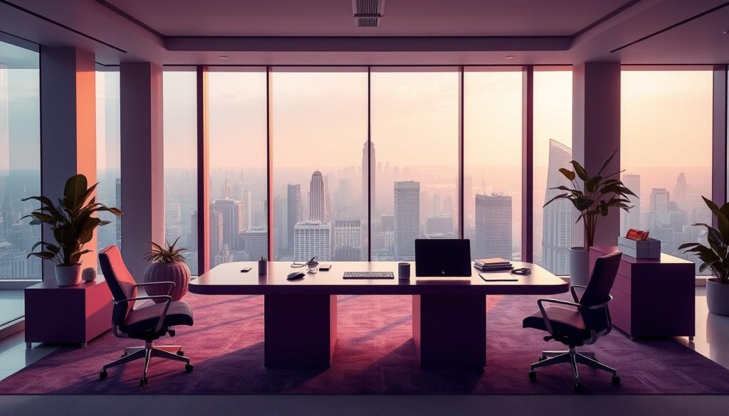 A modern, elegant office setting featuring a large, centrally-positioned desk with a sleek, minimalist design. The desk is surrounded by various digital devices and collaboration tools, creating a seamless work environment. The color palette is dominated by a regal, deep purple hue, reflecting the premium and secure nature of the Mattermost platform. The lighting is soft and warm, creating a cozy and productive atmosphere. In the background, a large window offers a panoramic view of a bustling cityscape, conveying a sense of the platform's widespread adoption and integration within a dynamic, forward-thinking organization. A modern, elegant office setting featuring a large, centrally-positioned desk with a sleek, minimalist design. The desk is surrounded by various digital devices and collaboration tools, creating a seamless work environment. The color palette is dominated by a regal, deep purple hue, reflecting the premium and secure nature of the Mattermost platform. The lighting is soft and warm, creating a cozy and productive atmosphere. In the background, a large window offers a panoramic view of a bustling cityscape, conveying a sense of the platform's widespread adoption and integration within a dynamic, forward-thinking organization.