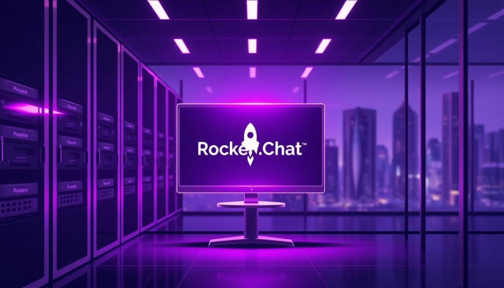 A modern, minimalist illustration showcasing the installation of Rocket.Chat on a Megan server. In the foreground, a sleek, futuristic server rack in a cool, dimly lit data center, bathed in a gentle Royal Purple (#7955a3) glow. In the center, a gleaming monitor displays the Rocket.Chat logo, with clean lines and a sophisticated aesthetic. The background features a blurred cityscape, hinting at the enterprise-level connectivity and collaboration that Rocket.Chat enables. The overall mood is one of technological prowess, efficiency, and professional sophistication.