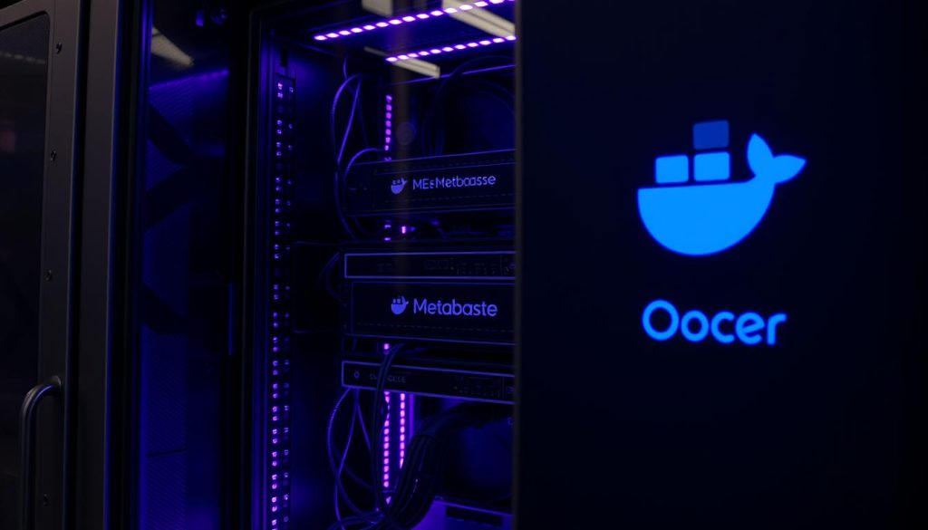 A modern, sleek server rack with a Docker logo prominently displayed on the front panel. The server is bathed in a regal purple glow, reflecting the royal color theme. Inside the rack, the Metabase data analysis software is being installed, with cables and components neatly organized. The scene conveys a sense of control, efficiency, and the power of open-source infrastructure for self-hosting data analytics on your own server. A modern, sleek server rack with a Docker logo prominently displayed on the front panel. The server is bathed in a regal purple glow, reflecting the royal color theme. Inside the rack, the Metabase data analysis software is being installed, with cables and components neatly organized. The scene conveys a sense of control, efficiency, and the power of open-source infrastructure for self-hosting data analytics on your own server.