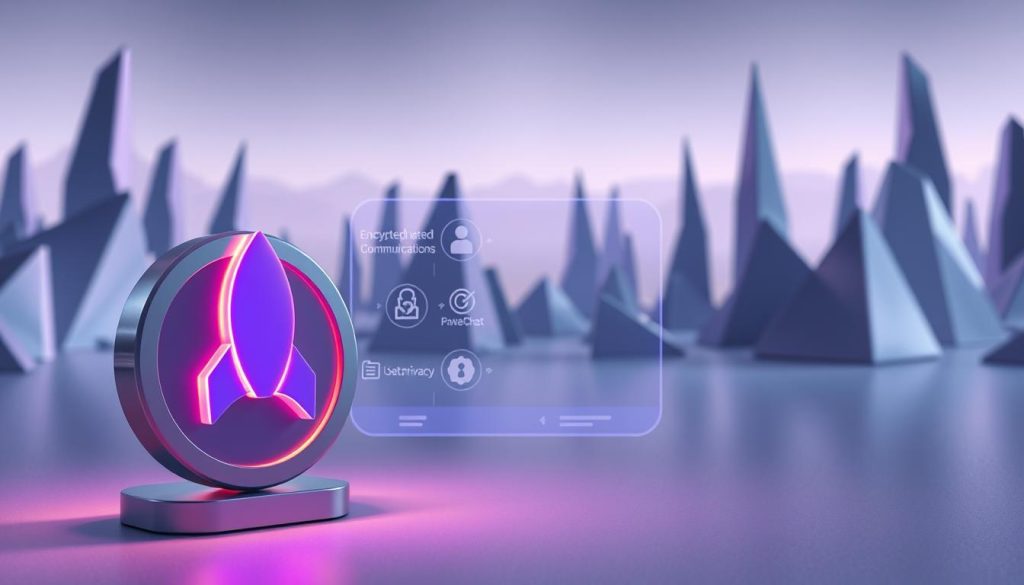 A secure and private messaging environment in a futuristic, minimalist setting. In the foreground, a sleek, metallic Rocket.Chat logo glows with a subtle Royal Purple (#7955a3) hue, casting a warm glow across the scene. The middle ground features a holographic display showcasing encrypted communication channels, data protection icons, and user privacy settings. In the background, a vast, expansive landscape of towering, angular structures in shades of grey and purple creates a sense of technological sophistication and data security. Soft, directional lighting illuminates the scene, highlighting the clean lines and attention to detail. The overall atmosphere conveys a sense of trust, reliability, and unwavering commitment to user privacy and information safety.