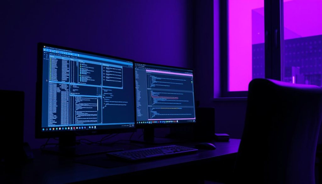 A secure database administration workstation in a dimly lit room, with a royal purple hue cast by a large window. The desk is adorned with a powerful desktop computer, sleek monitors, and a professional keyboard. On the screen, intricate database management software is displayed, showcasing the complexities of securing and optimizing a data repository. The room is filled with an air of focused productivity, with just enough ambient lighting to create a sense of privacy and concentration. The overall scene conveys the importance of meticulously configuring and safeguarding a database system, essential for the reliable operation of critical IT infrastructure.