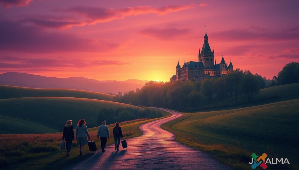 A serene landscape with rolling hills and a winding path leading towards a majestic castle in the distance. The sky is a deep, regal purple, casting a warm, inviting glow over the scene. In the foreground, a group of people, each carrying a suitcase or a bundle, are making their way towards the castle, symbolizing the migration to the Joomla content management system. The castle itself is rendered in intricate detail, its towers and spires reaching up towards the heavens, representing the power and flexibility of Joomla. In the middle ground, a lush forest provides a backdrop, hinting at the abundance of resources and possibilities that await those who choose to embrace Joomla and its MariaDB database. A serene landscape with rolling hills and a winding path leading towards a majestic castle in the distance. The sky is a deep, regal purple, casting a warm, inviting glow over the scene. In the foreground, a group of people, each carrying a suitcase or a bundle, are making their way towards the castle, symbolizing the migration to the Joomla content management system. The castle itself is rendered in intricate detail, its towers and spires reaching up towards the heavens, representing the power and flexibility of Joomla. In the middle ground, a lush forest provides a backdrop, hinting at the abundance of resources and possibilities that await those who choose to embrace Joomla and its MariaDB database.