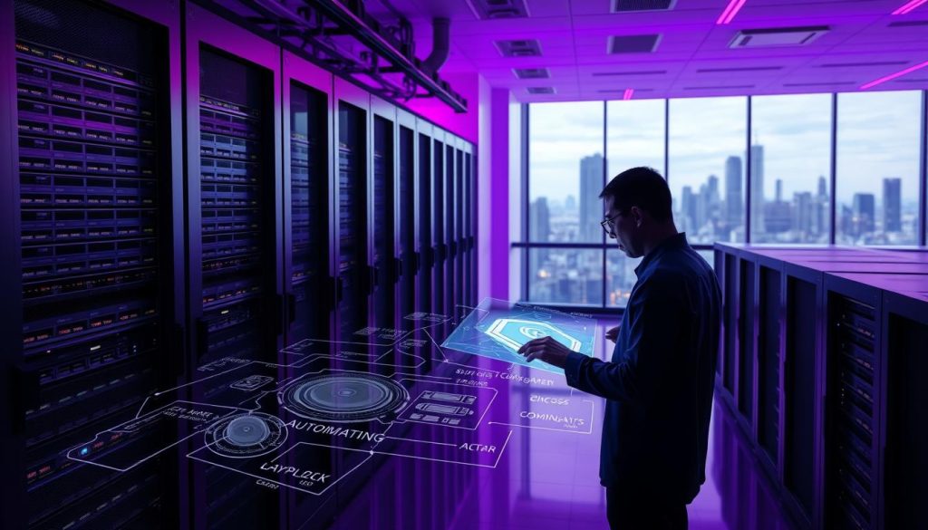 A sleek and modern data center with rows of high-performance servers and racks of equipment. The room is bathed in a soft, royal purple (color code #7955a3) glow from the discreet lighting, creating an atmosphere of efficiency and precision. In the foreground, a database administrator is interacting with a holographic display, manipulating various PostgreSQL automation processes. The middle ground showcases automated scripts and algorithms running seamlessly, optimizing the database's performance. In the background, a large, panoramic window offers a view of a futuristic city skyline, symbolizing the integration of this advanced database system with the broader technological landscape. A sleek and modern data center with rows of high-performance servers and racks of equipment. The room is bathed in a soft, royal purple (color code #7955a3) glow from the discreet lighting, creating an atmosphere of efficiency and precision. In the foreground, a database administrator is interacting with a holographic display, manipulating various PostgreSQL automation processes. The middle ground showcases automated scripts and algorithms running seamlessly, optimizing the database's performance. In the background, a large, panoramic window offers a view of a futuristic city skyline, symbolizing the integration of this advanced database system with the broader technological landscape.