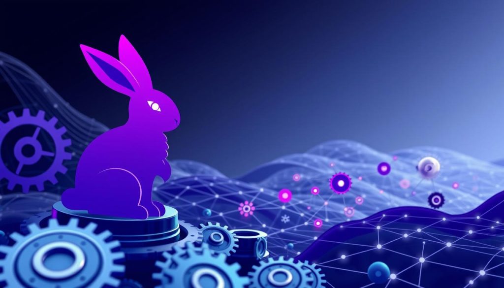 A sleek and modern data infrastructure landscape, with RabbitMQ as the centerpiece - a robust, highly available message broker, represented by a stylized, abstract rabbit icon in regal purple hues. In the foreground, intricate cogs and gears symbolize the technical sophistication powering RabbitMQ's scalable, secure message queuing capabilities. The middle ground depicts interconnected microservices, each a unique shape and color, seamlessly communicating via RabbitMQ's distributed architecture. The background features a subtle, ethereal grid, hinting at the high-performance, low-latency foundations supporting the open-source software. The overall composition conveys RabbitMQ's key attributes: reliability, scalability, and suitability for modern, distributed application designs. A sleek and modern data infrastructure landscape, with RabbitMQ as the centerpiece - a robust, highly available message broker, represented by a stylized, abstract rabbit icon in regal purple hues. In the foreground, intricate cogs and gears symbolize the technical sophistication powering RabbitMQ's scalable, secure message queuing capabilities. The middle ground depicts interconnected microservices, each a unique shape and color, seamlessly communicating via RabbitMQ's distributed architecture. The background features a subtle, ethereal grid, hinting at the high-performance, low-latency foundations supporting the open-source software. The overall composition conveys RabbitMQ's key attributes: reliability, scalability, and suitability for modern, distributed application designs.