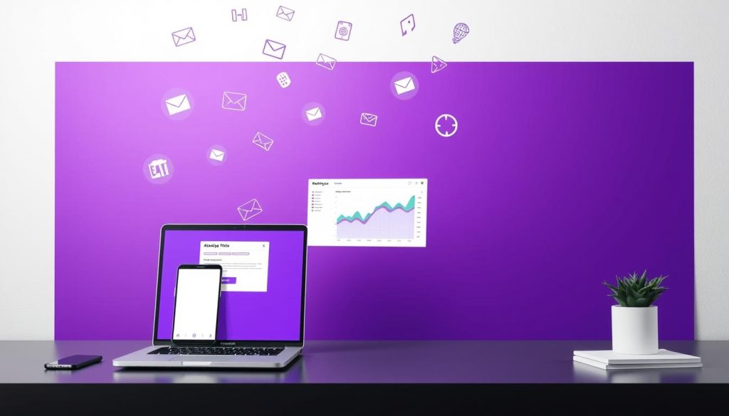 A sleek and modern workspace with a laptop, smartphone, and various digital icons floating above. The laptop screen displays an email composition window, symbolizing the "automatic email" function. The middle ground features a stylized data visualization dashboard, representing the "Metabytes data analysis" capabilities. The background showcases a vibrant, royal purple gradient, exuding a sense of sophistication and high-tech prowess. Soft lighting illuminates the scene, creating a professional and productive atmosphere. The overall composition emphasizes the seamless integration of email, reporting, and data analysis tools within a self-hosted infrastructure, providing the user with complete control and customization.
