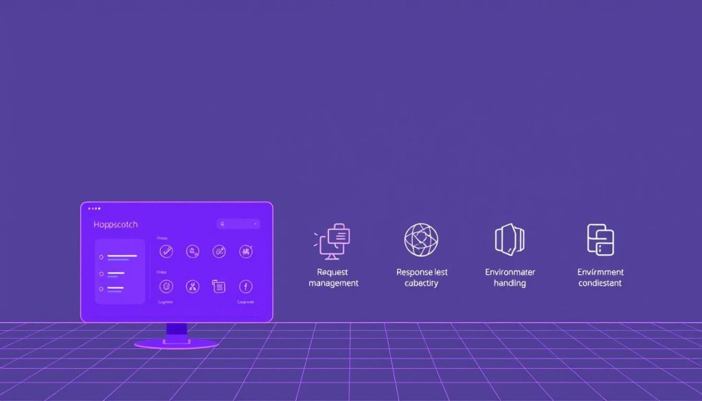A sleek and sophisticated illustration showcasing the key features of Hoppscotch, the premier API testing and development tool. In the foreground, a minimalist yet elegant interface displays various API testing capabilities, each element bathed in a regal purple hue. The middle ground features a series of intuitive icons representing Hoppscotch's core functionalities, such as request management, response visualization, and environment handling. In the background, a subtle grid pattern evokes a sense of technical precision, complementing the tool's advanced capabilities. The overall composition conveys a sense of professionalism, efficiency, and the seamless integration of Hoppscotch into the API development workflow. A sleek and sophisticated illustration showcasing the key features of Hoppscotch, the premier API testing and development tool. In the foreground, a minimalist yet elegant interface displays various API testing capabilities, each element bathed in a regal purple hue. The middle ground features a series of intuitive icons representing Hoppscotch's core functionalities, such as request management, response visualization, and environment handling. In the background, a subtle grid pattern evokes a sense of technical precision, complementing the tool's advanced capabilities. The overall composition conveys a sense of professionalism, efficiency, and the seamless integration of Hoppscotch into the API development workflow.