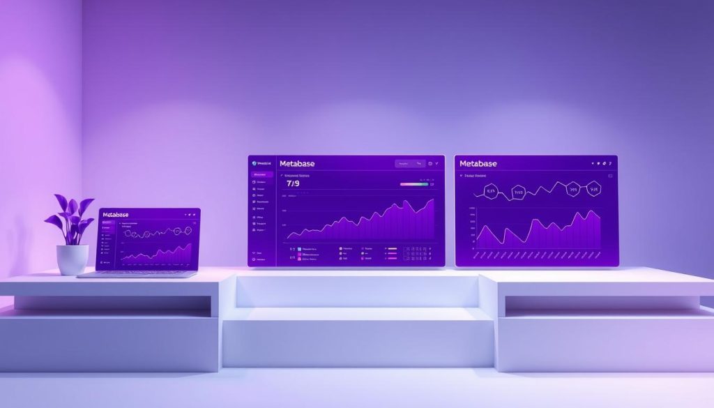 A sleek, modern illustration of the open-source data analysis and dashboard tool "Metabase". The scene depicts a crisp, minimalist display showcasing Metabase's intuitive interface, with elegant data visualizations and charts rendered in a regal purple hue. The layout is clean and uncluttered, placing the focus on the powerful yet accessible data insights. Subtle lighting casts a soft glow, and the camera angle provides a dynamic, birds-eye perspective to convey the comprehensive capabilities of this robust open-source software solution. A sleek, modern illustration of the open-source data analysis and dashboard tool "Metabase". The scene depicts a crisp, minimalist display showcasing Metabase's intuitive interface, with elegant data visualizations and charts rendered in a regal purple hue. The layout is clean and uncluttered, placing the focus on the powerful yet accessible data insights. Subtle lighting casts a soft glow, and the camera angle provides a dynamic, birds-eye perspective to convey the comprehensive capabilities of this robust open-source software solution.