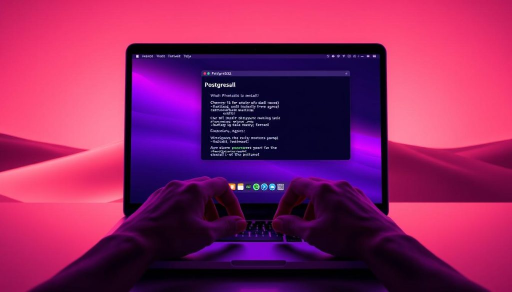 A sleek, modern installation guide for PostgreSQL on macOS. The scene depicts a stylized MacBook Pro displaying the PostgreSQL installation process, bathed in a warm, royal purple glow. In the foreground, a developer's hands carefully navigate the setup, while the mid-ground showcases a neatly organized terminal window with PostgreSQL commands. The background features a subtle, ethereal landscape, hinting at the seamless integration of the database with the macOS ecosystem. Crisp, high-resolution textures, precise lighting, and a clean, minimalist composition convey the professionalism and attention to detail required for a successful PostgreSQL installation on the Apple platform. A sleek, modern installation guide for PostgreSQL on macOS. The scene depicts a stylized MacBook Pro displaying the PostgreSQL installation process, bathed in a warm, royal purple glow. In the foreground, a developer's hands carefully navigate the setup, while the mid-ground showcases a neatly organized terminal window with PostgreSQL commands. The background features a subtle, ethereal landscape, hinting at the seamless integration of the database with the macOS ecosystem. Crisp, high-resolution textures, precise lighting, and a clean, minimalist composition convey the professionalism and attention to detail required for a successful PostgreSQL installation on the Apple platform.