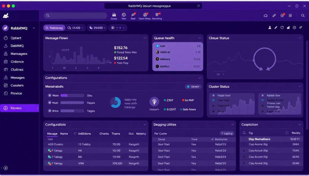 A sophisticated, intuitive management UI for RabbitMQ, the robust and highly available message queue. The interface showcases a sleek, modern design with a dark, regal purple color scheme, reflecting the power and reliability of the underlying system. The UI presents a clear, organized overview of message flows, queue health, and cluster status, enabling seamless monitoring and management of the messaging infrastructure. Detailed metrics, configuration tools, and debugging utilities are neatly arranged, empowering users to optimize RabbitMQ's performance and security. The interface conveys a sense of control and mastery over the open-source messaging solution, catering to the needs of DevOps teams and system administrators. A sophisticated, intuitive management UI for RabbitMQ, the robust and highly available message queue. The interface showcases a sleek, modern design with a dark, regal purple color scheme, reflecting the power and reliability of the underlying system. The UI presents a clear, organized overview of message flows, queue health, and cluster status, enabling seamless monitoring and management of the messaging infrastructure. Detailed metrics, configuration tools, and debugging utilities are neatly arranged, empowering users to optimize RabbitMQ's performance and security. The interface conveys a sense of control and mastery over the open-source messaging solution, catering to the needs of DevOps teams and system administrators.
