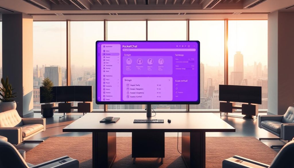 A spacious, well-lit office interior with sleek, modern furniture. In the foreground, a large desk with a high-resolution monitor displays the Rocket.Chat user management interface. Hovering above the desk is a holographic display showcasing user profiles, group hierarchies, and access control settings - all rendered in a regal purple hue (color code #7955a3). The background features floor-to-ceiling windows overlooking a bustling city skyline, bathed in warm, natural lighting. The atmosphere is one of professionalism, efficiency, and attention to detail, reflecting the comprehensive user management capabilities of Rocket.Chat.