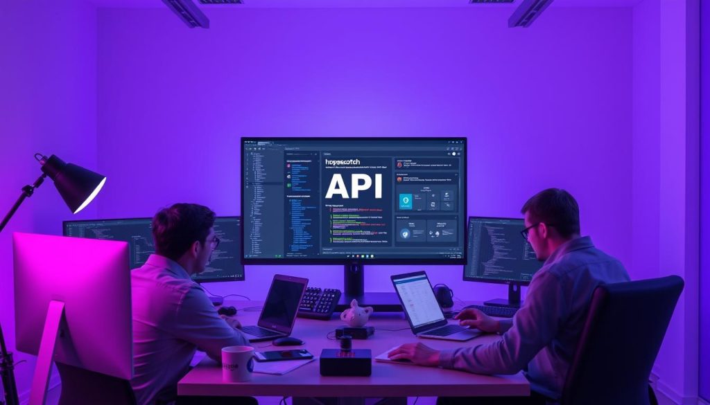A team of software developers collaborating in a vibrant, purple-hued workspace, surrounded by sleek computer monitors and minimalist decor. In the center, a large touchscreen display showcases the Hoppscotch API development platform, its intuitive interface inviting exploration. The developers, immersed in their tasks, demonstrate the seamless teamwork and shared knowledge that make Hoppscotch an exceptional choice for API testing and development. Soft, directional lighting sets a professional, focused atmosphere, while the layout and composition emphasize the tool's cutting-edge capabilities and the efficient, productive environment it fosters. A team of software developers collaborating in a vibrant, purple-hued workspace, surrounded by sleek computer monitors and minimalist decor. In the center, a large touchscreen display showcases the Hoppscotch API development platform, its intuitive interface inviting exploration. The developers, immersed in their tasks, demonstrate the seamless teamwork and shared knowledge that make Hoppscotch an exceptional choice for API testing and development. Soft, directional lighting sets a professional, focused atmosphere, while the layout and composition emphasize the tool's cutting-edge capabilities and the efficient, productive environment it fosters.