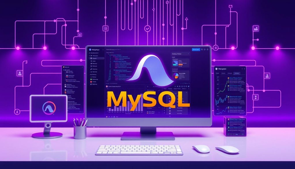 A visually striking illustration of the exclusive capabilities of MySQL, the robust and versatile relational database management system. The composition features a sleek, modern interface with intuitive controls, vibrant visual analytics, and seamless integration with various programming languages. The color palette is dominated by a royal purple (#7955a3) hue, exuding a sense of power and sophistication. The overall atmosphere is one of efficiency, flexibility, and technological prowess, perfectly capturing the essence of MySQL's advanced functionalities. The image is rendered with a sharp, high-resolution lens, highlighting the intricate details and clean, minimal design. A visually striking illustration of the exclusive capabilities of MySQL, the robust and versatile relational database management system. The composition features a sleek, modern interface with intuitive controls, vibrant visual analytics, and seamless integration with various programming languages. The color palette is dominated by a royal purple (#7955a3) hue, exuding a sense of power and sophistication. The overall atmosphere is one of efficiency, flexibility, and technological prowess, perfectly capturing the essence of MySQL's advanced functionalities. The image is rendered with a sharp, high-resolution lens, highlighting the intricate details and clean, minimal design.