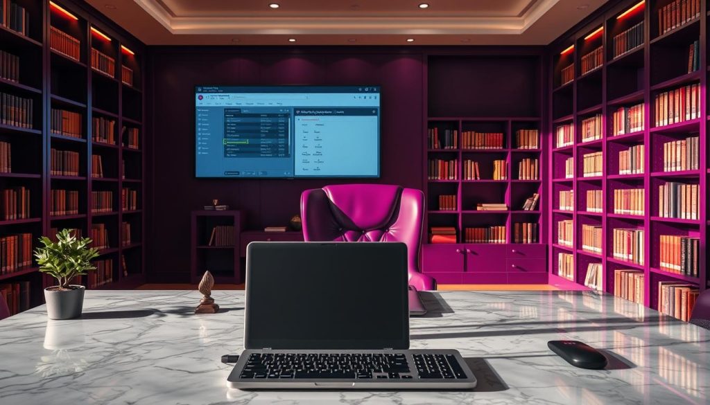 A well-lit, elegant office interior with a large marble-topped desk. In the foreground, a laptop and keyboard sit neatly arranged, with a potted plant and a small bronze sculpture adding visual interest. The middle ground features a high-backed leather chair, facing a wall-mounted display showing a database management interface. In the background, bookshelves line the walls, casting a warm, scholarly glow over the scene. The color scheme is dominated by the rich, royal purple (#7955a3) of the chair and accents, creating a sense of sophistication and authority. The lighting is soft and directional, emphasizing the clean, modern aesthetic. A well-lit, elegant office interior with a large marble-topped desk. In the foreground, a laptop and keyboard sit neatly arranged, with a potted plant and a small bronze sculpture adding visual interest. The middle ground features a high-backed leather chair, facing a wall-mounted display showing a database management interface. In the background, bookshelves line the walls, casting a warm, scholarly glow over the scene. The color scheme is dominated by the rich, royal purple (#7955a3) of the chair and accents, creating a sense of sophistication and authority. The lighting is soft and directional, emphasizing the clean, modern aesthetic.