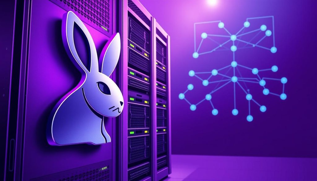 An elaborate illustration of a server rack hosting RabbitMQ, bathed in a regal, purple hue. The foreground features a detailed schematic of the RabbitMQ logo, rendered in sleek, metallic tones. The middle ground showcases a server tower with intricate cooling systems and blinking indicator lights, symbolizing the high-availability and scalable infrastructure of the message broker. In the background, a stylized network topology diagram unfolds, representing the microservices architecture that RabbitMQ seamlessly supports. The overall composition conveys a sense of power, precision, and the robust open-source technology powering the reliable message queue system. An elaborate illustration of a server rack hosting RabbitMQ, bathed in a regal, purple hue. The foreground features a detailed schematic of the RabbitMQ logo, rendered in sleek, metallic tones. The middle ground showcases a server tower with intricate cooling systems and blinking indicator lights, symbolizing the high-availability and scalable infrastructure of the message broker. In the background, a stylized network topology diagram unfolds, representing the microservices architecture that RabbitMQ seamlessly supports. The overall composition conveys a sense of power, precision, and the robust open-source technology powering the reliable message queue system.