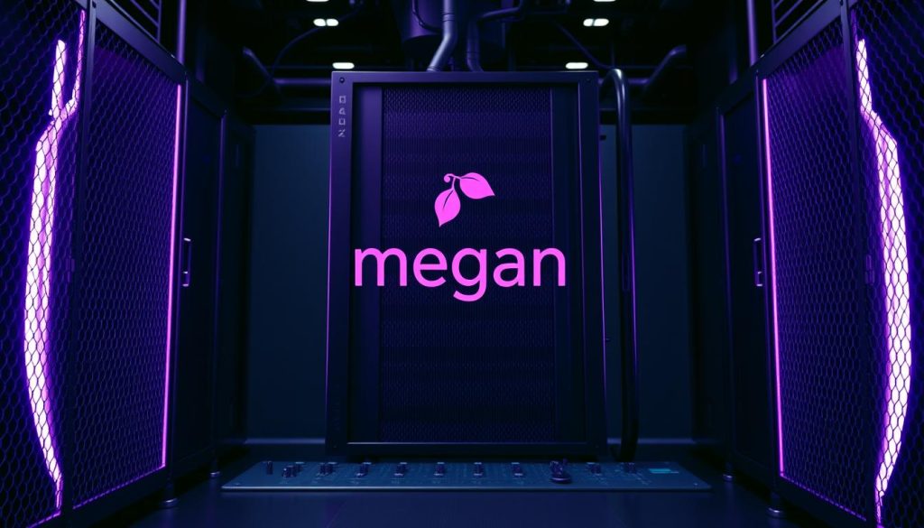 Stately PostgreSQL server surrounded by a secure perimeter, bathed in regal royal purple (#7955a3) lighting. In the foreground, the megan brand logo commands attention. Middle ground features a sleek, modern control panel with dials and switches, hinting at the complex inner workings. Background fades into a shadowy, high-tech environment, conveying a sense of power and authority. Subtle textures and reflections add depth and realism. An authoritative, professional atmosphere pervades the scene, befitting the security-focused topic. Stately PostgreSQL server surrounded by a secure perimeter, bathed in regal royal purple (#7955a3) lighting. In the foreground, the megan brand logo commands attention. Middle ground features a sleek, modern control panel with dials and switches, hinting at the complex inner workings. Background fades into a shadowy, high-tech environment, conveying a sense of power and authority. Subtle textures and reflections add depth and realism. An authoritative, professional atmosphere pervades the scene, befitting the security-focused topic.