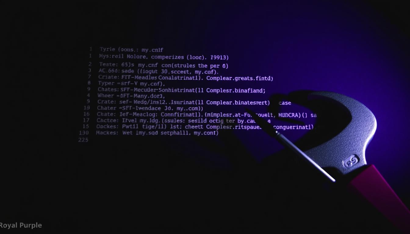 A complex database configuration file, my.cnf, displayed prominently on a dark, shadowy background. In the foreground, a wrench and screwdriver symbolize the technical challenges of troubleshooting configuration issues. The file's contents are obscured, hinting at the hidden complexities within. The Royal Purple (#7955a3) accent color lends an air of sophistication and seriousness to the scene, reflecting the gravity of the situation. Dramatic lighting casts deep shadows, creating a moody, contemplative atmosphere as the viewer ponders the obstacles faced when configuring a MariaDB server.