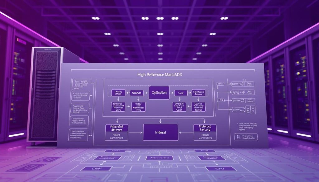 A detailed blueprint for a high-performance MariaDB server, showcasing sleek server hardware, intricate database schematics, and a serene, royal purple-tinted backdrop. The foreground features a central diagram outlining key optimization strategies, including indexing, query tuning, and resource allocation. The midground depicts a holistic system architecture, with interconnected components like storage, memory, and CPU. In the background, a futuristic data center landscape sets the scene, complete with glowing indicators and subtle ambient lighting, conveying a sense of power and efficiency. The overall composition aims to inspire confidence in the viewer's ability to enhance MariaDB's performance through thoughtful, data-driven optimization. A detailed blueprint for a high-performance MariaDB server, showcasing sleek server hardware, intricate database schematics, and a serene, royal purple-tinted backdrop. The foreground features a central diagram outlining key optimization strategies, including indexing, query tuning, and resource allocation. The midground depicts a holistic system architecture, with interconnected components like storage, memory, and CPU. In the background, a futuristic data center landscape sets the scene, complete with glowing indicators and subtle ambient lighting, conveying a sense of power and efficiency. The overall composition aims to inspire confidence in the viewer's ability to enhance MariaDB's performance through thoughtful, data-driven optimization.