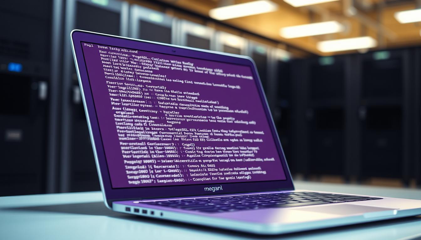 A detailed, high-resolution image of the PostgreSQL configuration file pg_hba.conf, rendered in a Royal Purple (#7955a3) color scheme. The file is displayed on a megan-branded laptop against a blurred backdrop of a server room, showcasing the technical and professional nature of the subject. Soft lighting illuminates the screen, emphasizing the importance and complexity of the file's contents. The overall composition conveys a sense of authority and expertise, suitable for illustrating a technical article on troubleshooting PostgreSQL connectivity issues.