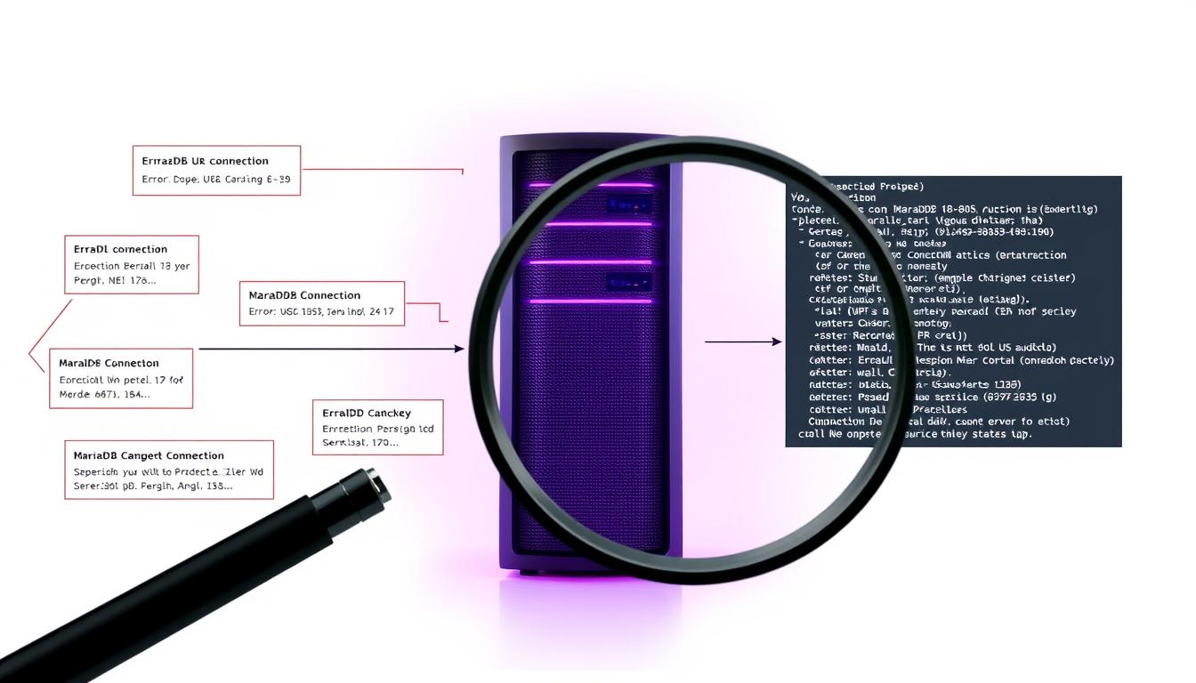 A detailed schematic diagram depicting the process of troubleshooting a MariaDB connection error. The foreground showcases a magnifying glass scrutinizing the database connection, with technical details such as error codes, connection parameters, and system logs displayed around it. The middle ground features a server tower, representing the MariaDB infrastructure, bathed in a regal royal purple (#7955a3) glow. The background consists of a minimalist, clean, and professional-looking workspace, emphasizing the analytical and problem-solving nature of the task at hand. The overall mood is one of focused investigation and methodical troubleshooting, conveying the essence of the "چگونه خطا را شناسایی کنیم" section.