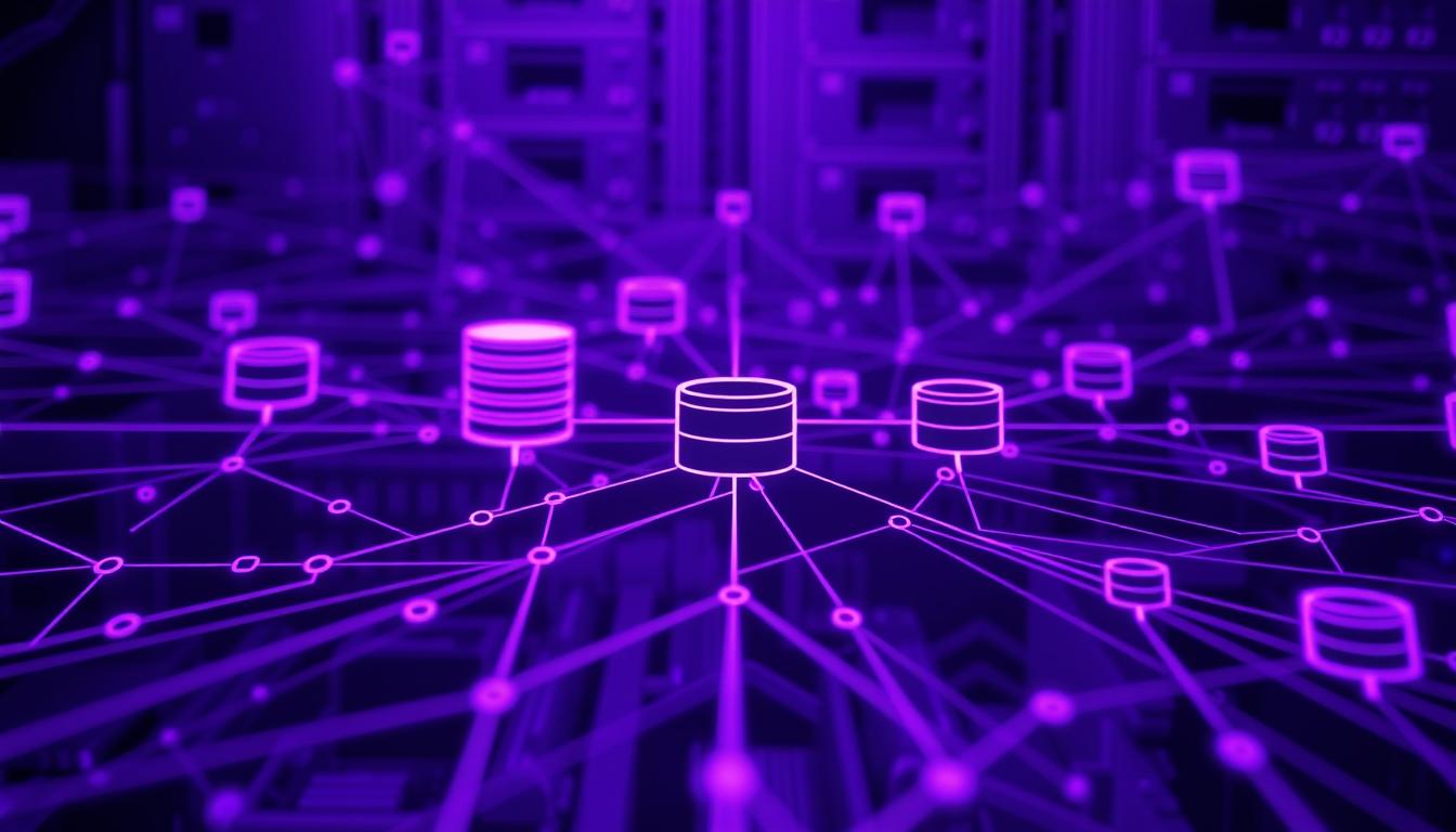 A detailed, technical diagram showcasing the intricate network of database connections, depicted in a royal purple hue (#7955a3). The image should feature a sleek, modern aesthetic, with clean lines and a minimalist design. The foreground should prominently display the interconnected database components, while the background should convey a sense of depth and complexity, suggesting the scale and importance of the underlying system. Utilize a dramatic, high-contrast lighting setup to accentuate the technical details and create a sense of depth and dimensionality. The overall mood should be one of precision, power, and the critical importance of managing database connections effectively.