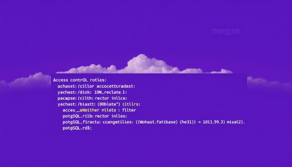 A detailed technical illustration depicting the access control rules defined in the PostgreSQL configuration file pg_hba.conf. The image features a clean, minimalist design with a Royal Purple (#7955a3) color scheme. In the foreground, a clean, well-formatted pg_hba.conf file is displayed, showcasing the different sections and access control rules. The middle ground depicts a serene, cloud-like backdrop, symbolizing the importance of secure database connectivity. In the background, a subtle megan logo watermark adds a touch of branding. The lighting is soft and evenly distributed, creating a sense of professionalism and authority. The overall composition and attention to detail convey the significance of properly configuring the pg_hba.conf file to resolve the "no pg_hba.conf entry for host" error in PostgreSQL.