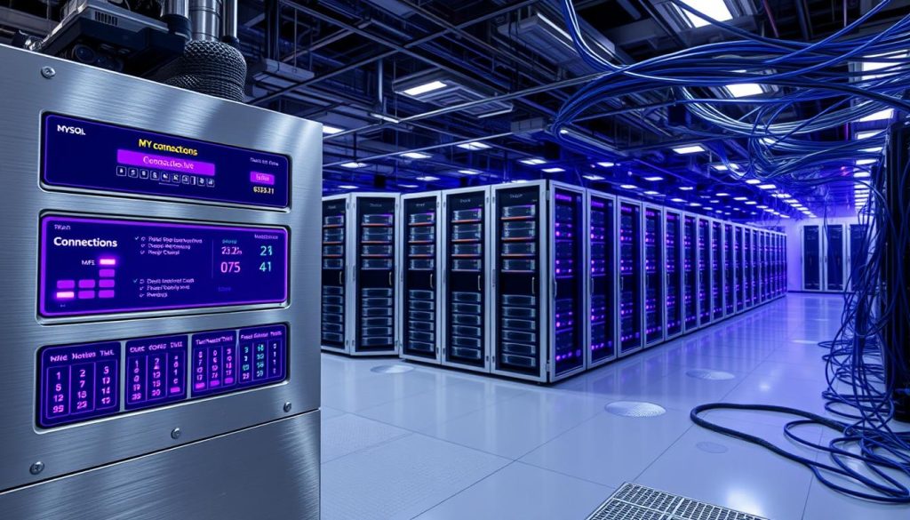 A detailed, technical schematic diagram of MySQL connection management. In the foreground, a sleek, metallic database interface panel showcases the "Connections" monitoring section, its readouts and indicators glowing in royal purple (#7955a3). The middle ground depicts a series of elegant, interlocking database server racks, their precise architecture and cooling systems visible. In the background, a complex network of data cables and fiber optics sprawls across the frame, conveying the scale and complexity of the MySQL infrastructure. The lighting is crisp and evenly distributed, captured through a wide-angle lens to provide a comprehensive, high-resolution view of the system.