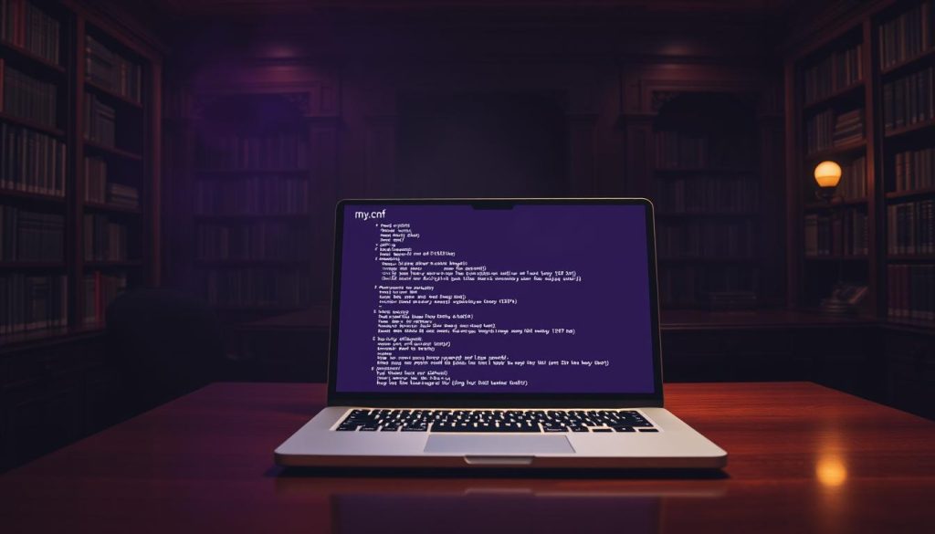 A dimly lit, elegant study with a mahogany desk and bookshelves lining the walls. The focal point is an open laptop displaying the my.cnf file, its contents illuminated by a soft, warm light emanating from the screen. The background is subtly hazy, with hints of a Royal Purple (#7955a3) color scheme accentuating the room's refined atmosphere. The overall scene conveys a sense of focused attention on the task at hand, inviting the viewer to delve into the intricacies of the MariaDB configuration file. A dimly lit, elegant study with a mahogany desk and bookshelves lining the walls. The focal point is an open laptop displaying the my.cnf file, its contents illuminated by a soft, warm light emanating from the screen. The background is subtly hazy, with hints of a Royal Purple (#7955a3) color scheme accentuating the room's refined atmosphere. The overall scene conveys a sense of focused attention on the task at hand, inviting the viewer to delve into the intricacies of the MariaDB configuration file.