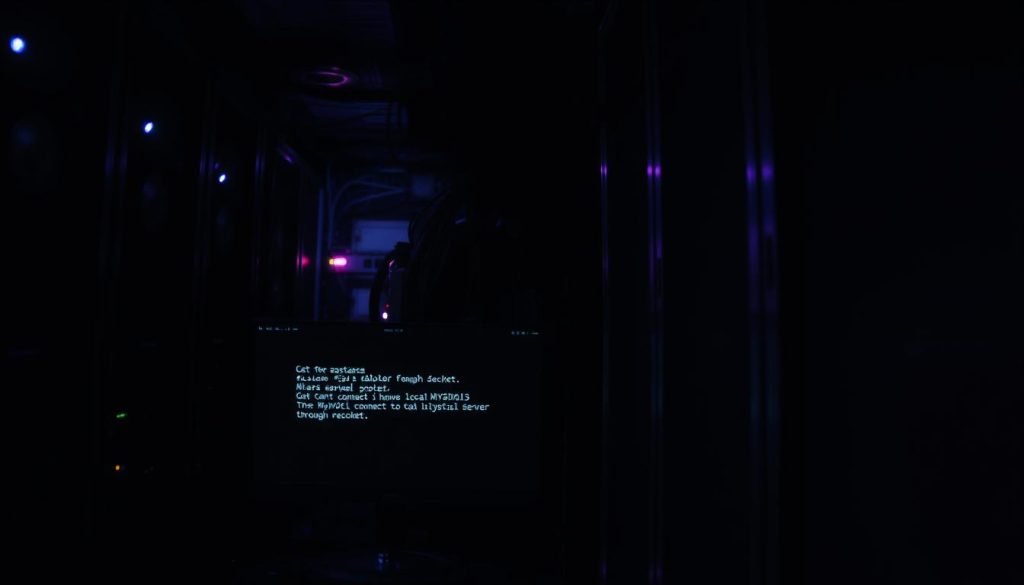 A dimly lit server room, the hum of cooling fans echoing through the shadows. In the foreground, a MySQL database server struggles, its performance hindered by a lack of system resources. The screen displays error messages, highlighting the "Can't connect to local MySQL server through socket" issue. In the middle ground, a tangle of cables and blinking lights suggest the complex infrastructure underlying the database. In the background, a Royal Purple (#7955a3) gradient casts a somber, contemplative mood, underscoring the weight of the resource shortage and its impact on the MySQL server's functionality. The scene conveys the technical challenge of troubleshooting database connectivity problems due to insufficient system resources.