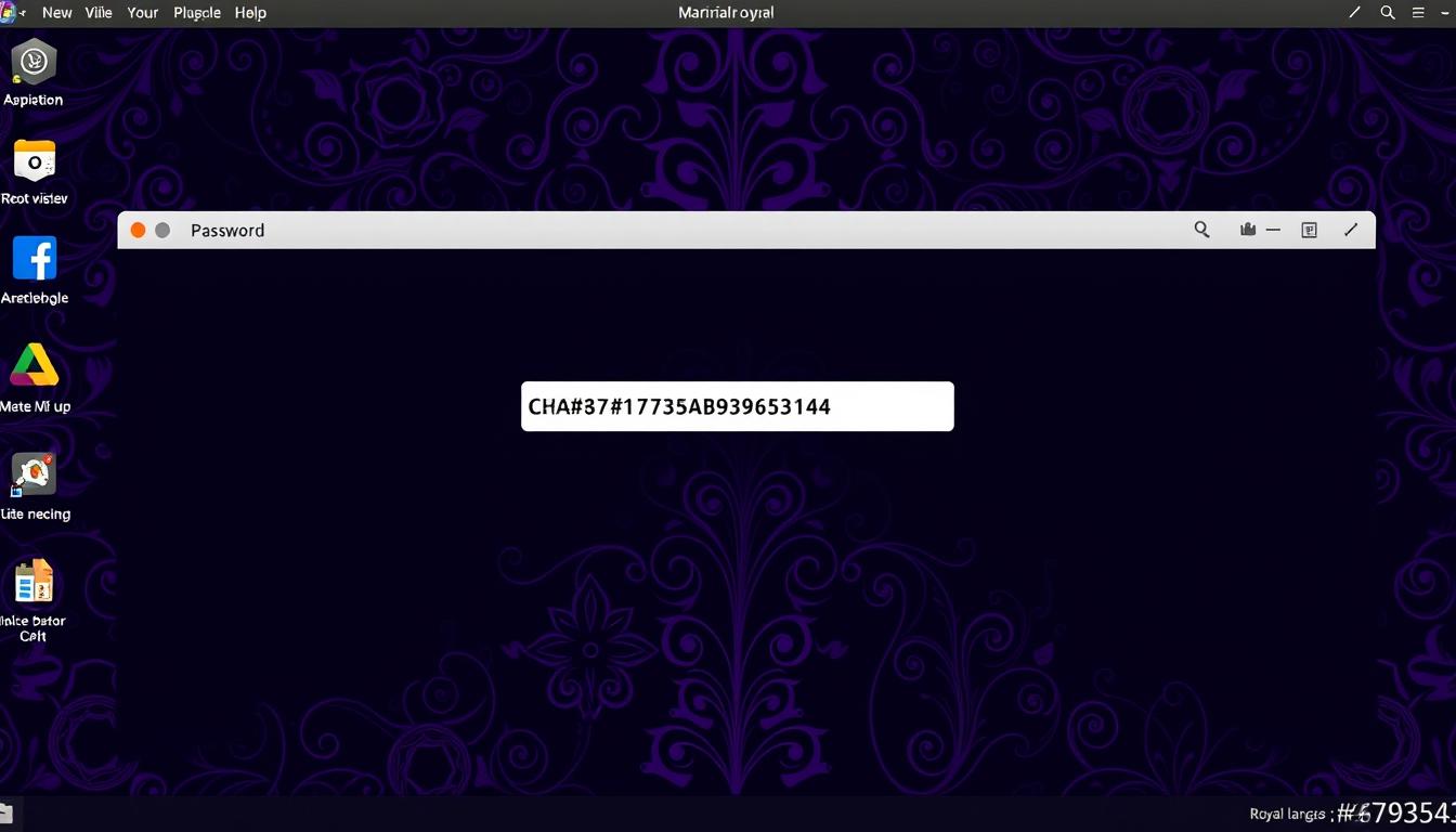 A modern computer desktop with a dark, intricate background featuring a Royal Purple (#7955a3) color scheme. In the center, a large password input field dominates the scene, highlighting the need to change the root password for a MariaDB database. The field is accompanied by various system icons and security symbols, conveying the importance of this task. The overall mood is serious and contemplative, emphasizing the significance of securing one's database with a strong, updated password.