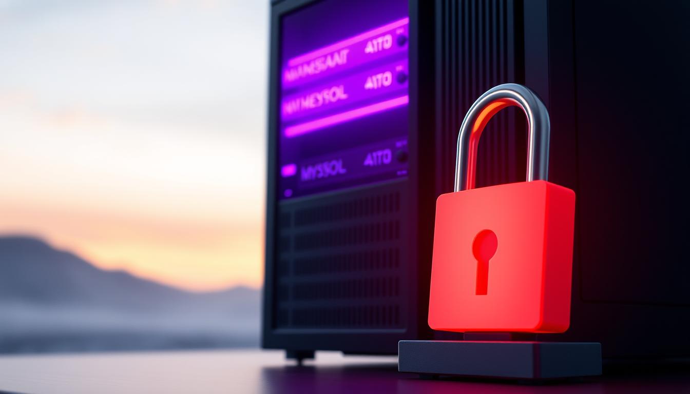 A secure MySQL server stands tall, its interface radiating an aura of regal purple (#7955a3). In the foreground, a meticulously crafted database symbol represents the foundation of data management. The middle ground showcases a padlock, symbolizing the robust security measures in place, while the background features a serene, minimalist landscape to convey a sense of order and control. Soft lighting casts a warm glow, accentuating the professional, trustworthy atmosphere. The overall composition reflects the importance of safeguarding MySQL connections, ensuring the integrity and confidentiality of sensitive information.