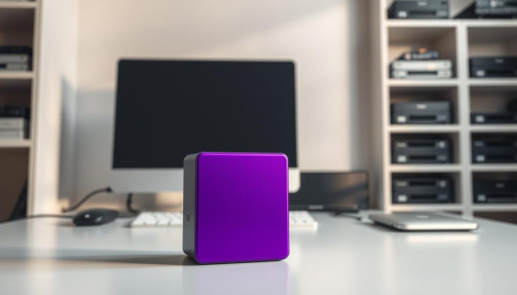 A serene, well-organized data backup station. In the foreground, a sleek external hard drive in a royal purple (#7955a3) casing stands ready to receive crucial files. Behind it, a modern desktop computer and monitor, their minimalist design complementing the purple accents. Soft, directional lighting illuminates the scene, casting subtle shadows that lend depth and dimension. In the background, shelves hold neatly arranged backup devices, reflecting the user's meticulous approach to data management. The overall atmosphere conveys a sense of control, security, and attention to detail - essential qualities for safeguarding one's digital assets. A serene, well-organized data backup station. In the foreground, a sleek external hard drive in a royal purple (#7955a3) casing stands ready to receive crucial files. Behind it, a modern desktop computer and monitor, their minimalist design complementing the purple accents. Soft, directional lighting illuminates the scene, casting subtle shadows that lend depth and dimension. In the background, shelves hold neatly arranged backup devices, reflecting the user's meticulous approach to data management. The overall atmosphere conveys a sense of control, security, and attention to detail - essential qualities for safeguarding one's digital assets.