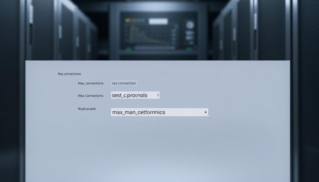 A sleek, modern database server interface showcasing the configuration panel for setting the max_connections parameter. The foreground features an elegant, minimalist design with a clean, well-organized layout of database connection controls, including a prominent max_connections input field highlighted in the royal purple accent color (#7955a3). The middle ground depicts a subtle graph or chart visualizing the impact of different max_connections values on system performance. The background subtly suggests a server rack or data center environment, with a muted, technical aesthetic to reinforce the subject matter. Soft, directional lighting creates depth and highlights the key elements, while a slight depth of field blur adds a sense of focus and professionalism to the overall image. A sleek, modern database server interface showcasing the configuration panel for setting the max_connections parameter. The foreground features an elegant, minimalist design with a clean, well-organized layout of database connection controls, including a prominent max_connections input field highlighted in the royal purple accent color (#7955a3). The middle ground depicts a subtle graph or chart visualizing the impact of different max_connections values on system performance. The background subtly suggests a server rack or data center environment, with a muted, technical aesthetic to reinforce the subject matter. Soft, directional lighting creates depth and highlights the key elements, while a slight depth of field blur adds a sense of focus and professionalism to the overall image.
