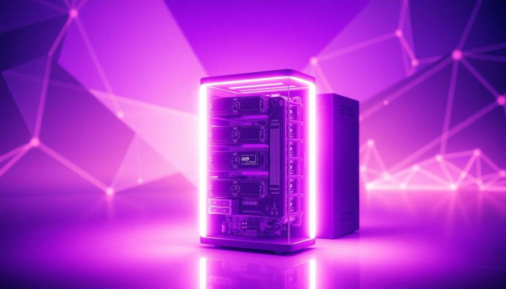 A sleek, modern database server surrounded by a royal purple hue, illuminated by soft, diffused lighting that casts a warm glow. The server's intricate circuitry and components are visible, showcasing the technical complexity and efficiency within. The background is a blend of abstract geometric shapes and patterns, creating a sense of depth and digital elegance. The overall composition conveys the power, reliability, and optimization of a well-designed database system, reflecting the importance of database efficiency.