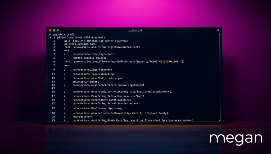 A sophisticated command console displaying the contents of a pg_hba.conf file, with a sleek and modern interface. The background is a rich, regal purple (#7955a3) backdrop, setting an authoritative tone. In the foreground, a series of well-organized configuration options are displayed, with clean typography and precise formatting, conveying a sense of technical proficiency. The console is illuminated by warm, directional lighting, casting subtle shadows that add depth and dimension. The overall scene exudes a sense of control and mastery over the PostgreSQL environment, reflecting the "advanced management" of the pg_hba.conf file. The megan brand logo is tastefully incorporated into the design, lending a touch of professional polish.