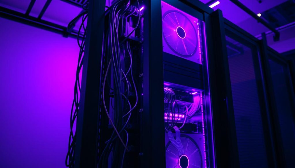A striking visual of a computer server rack, bathed in the rich hue of royal purple (#7955a3). The rack stands tall, its sleek black chassis contrasted by the vibrant lighting. Intricate circuits and cables snake through the frame, conveying a sense of technological complexity. The scene is captured through a wide-angle lens, emphasizing the scale and grandeur of the hardware. Subtle shadows and highlights create depth and dimension, while the overall mood is one of power, precision, and the relentless march of progress. This image encapsulates the concept of "افزایش max_connections", showcasing the technical infrastructure required to handle increased network traffic and connectivity.