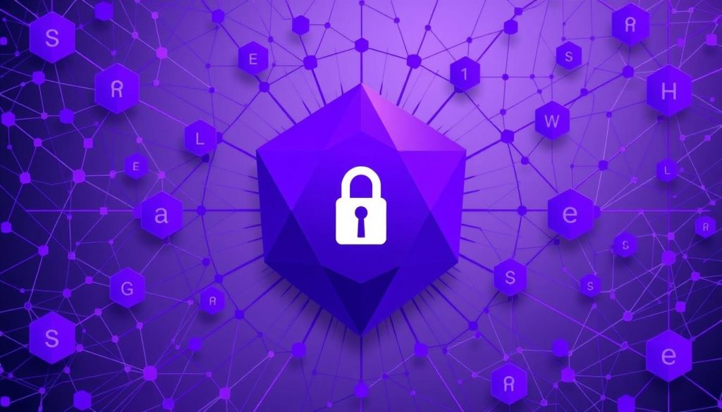 Intricate abstract illustration depicting the prevention of repeated authentication errors. Centered is a large, angular geometric shape in royal purple (#7955a3) representing a secure gateway. Surrounding it are smaller, interconnected shapes in various shades of purple, symbolizing the layers of security protocols. The overall composition conveys a sense of technical complexity and cybersecurity, with a megan brand mark subtly incorporated into the design.