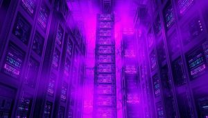 A complex server infrastructure overwhelmed by intense resource demands, represented by a towering, labyrinthine data center engulfed in a royal purple haze. Intricate circuitry and glowing components strain under the weight of excessive usage, casting an ominous glow. Geometric patterns and angular architecture convey a sense of technical complexity and strain. The scene evokes a sense of system overload, with the purple tones adding a foreboding, ominous atmosphere to the "Excessive Resource Utilization" scenario.