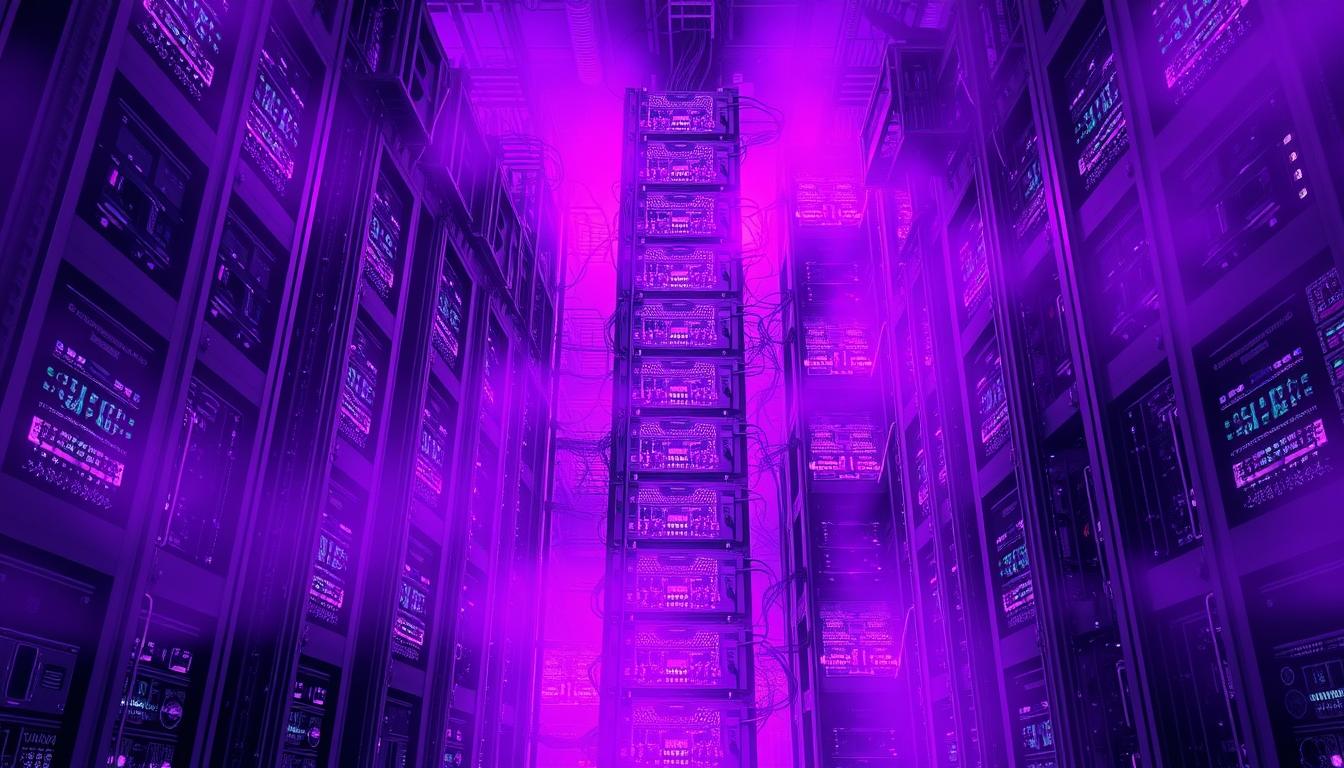 A complex server infrastructure overwhelmed by intense resource demands, represented by a towering, labyrinthine data center engulfed in a royal purple haze. Intricate circuitry and glowing components strain under the weight of excessive usage, casting an ominous glow. Geometric patterns and angular architecture convey a sense of technical complexity and strain. The scene evokes a sense of system overload, with the purple tones adding a foreboding, ominous atmosphere to the "Excessive Resource Utilization" scenario.