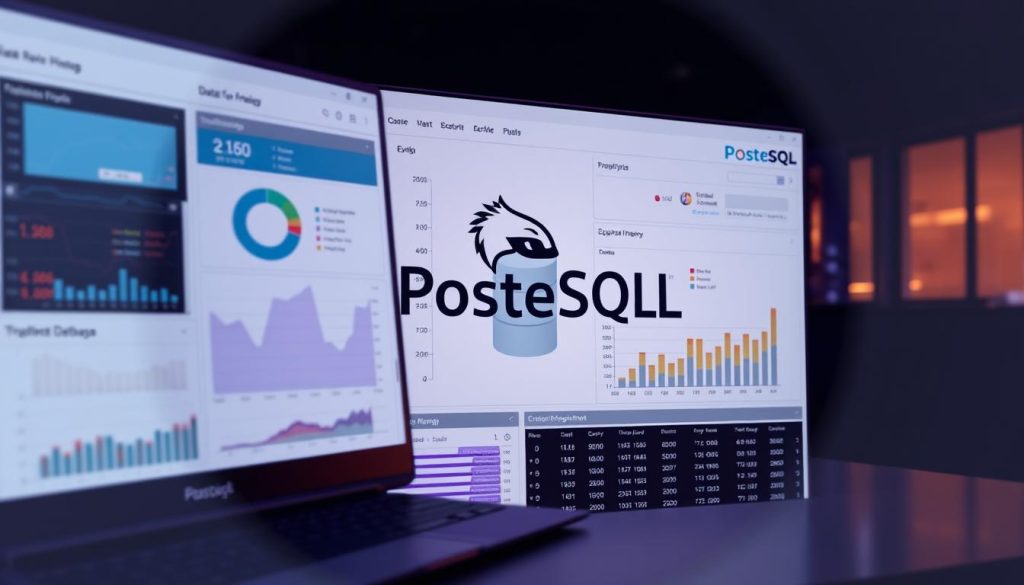 A data management dashboard in PostgreSQL, showcasing detailed analytics and insights. The foreground features a sleek, modern interface with intuitive controls and visualizations, including interactive charts, graphs, and data tables. The middle ground depicts the PostgreSQL logo and database architecture, highlighting its technical prowess. In the background, a warm, ambient lighting creates a sense of professionalism and authority, while the royal purple accent color (#7955a3) adds a touch of sophistication. The overall composition conveys the power and efficiency of data management within the megan PostgreSQL ecosystem.