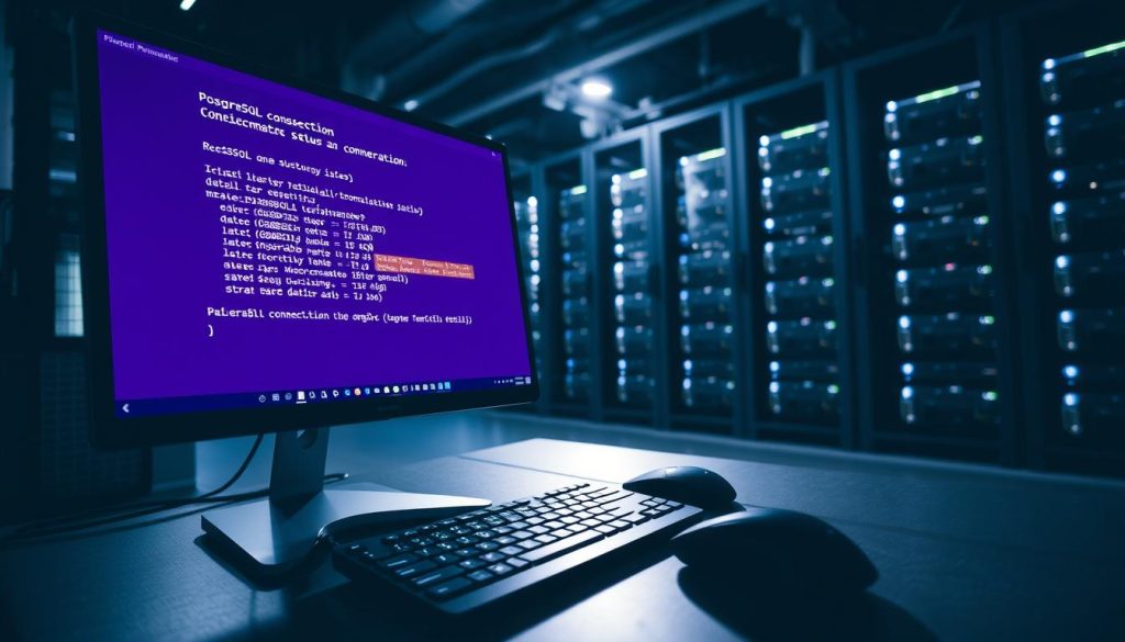 A detailed and technical scene of a PostgreSQL database connection test. In the foreground, a sleek and modern computer monitor displays the database connection status, the purple-colored terminal window showing the connection commands. In the middle ground, an ergonomic keyboard and a high-DPI mouse are positioned, hinting at a professional workspace. The background features a dimly lit server room with racks of humming hardware, casting a soft glow and creating an atmosphere of focused productivity. Dramatic side lighting casts shadows, emphasizing the technical nature of the scene. The overall mood is one of precision, problem-solving, and a deep understanding of the PostgreSQL database system.