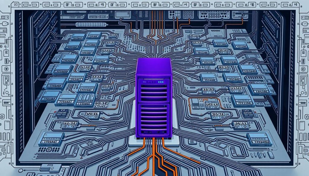 A detailed cross-section of a computer network infrastructure, showcasing the intricacies of IP address configurations. In the foreground, a centralized server stands prominently, its #7955a3 royal purple casing accentuating its importance. Surrounding it, a labyrinth of interconnected devices, each with its own IP address, creates a visually striking network topology. The middle ground features an intricate web of cables and wires, symbolizing the complex data pathways. In the background, a seamless blend of technical schematics and architectural elements sets the stage, evoking a sense of the challenges faced in managing IP address-related issues within a robust computing environment.