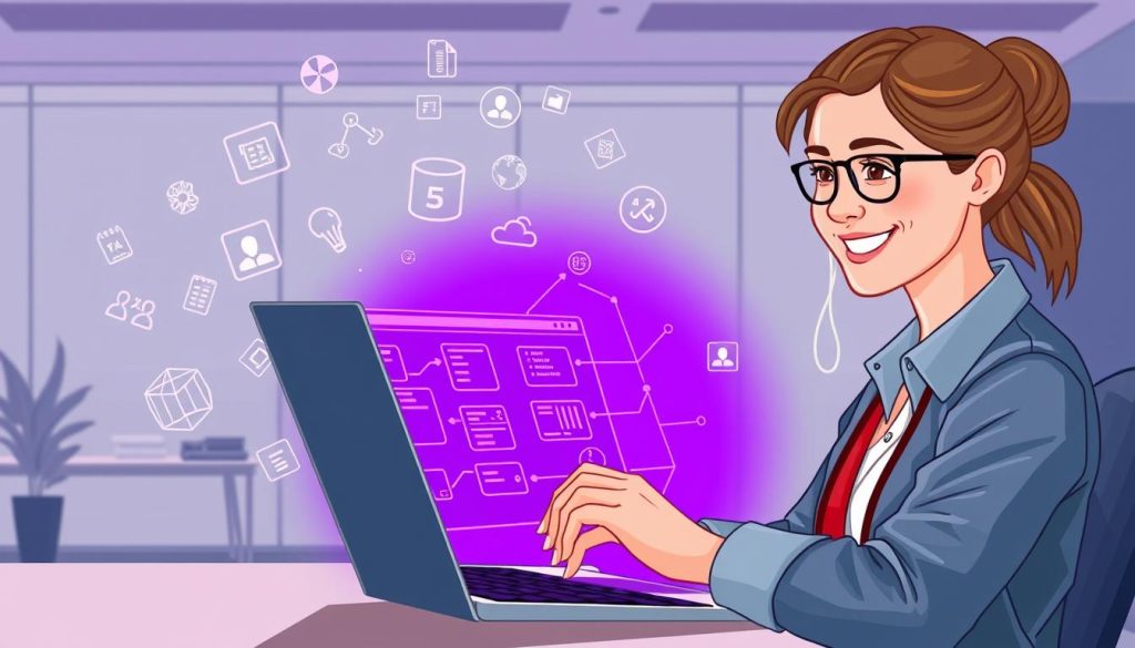 A detailed illustration of Megan's PostgreSQL troubleshooting services. In the foreground, a skilled technician with a warm, friendly expression examines a complex database diagram on a sleek, modern laptop, surrounded by a Royal Purple (hex #7955a3) glow. In the middle ground, various PostgreSQL-related icons and symbols float ethereally, hinting at the breadth of Megan's expertise. The background depicts a serene, minimalist office setting with clean lines and soft lighting, conveying a sense of professionalism and efficiency. The overall mood is one of confident problem-solving, with a touch of approachable expertise.