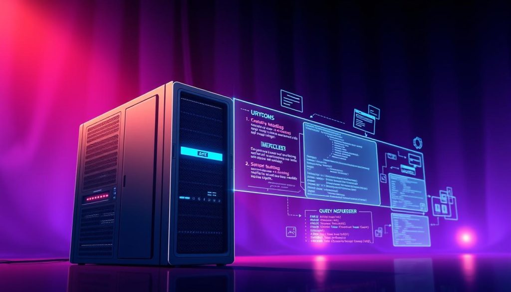 A detailed illustration of a MySQL database server, showcased against a regal royal purple (#7955a3) backdrop. The foreground depicts a sleek, modern server rack with glowing indicator lights, while the middle ground features a holographic display projecting intricate database diagrams and query visualizations. The background is illuminated by a warm, ambient glow, creating an atmosphere of technological sophistication and authority. The overall scene conveys the power and versatility of the MySQL database management system, suitable for highlighting its core functionalities within the article's "MySQL چیست؟" section. A detailed illustration of a MySQL database server, showcased against a regal royal purple (#7955a3) backdrop. The foreground depicts a sleek, modern server rack with glowing indicator lights, while the middle ground features a holographic display projecting intricate database diagrams and query visualizations. The background is illuminated by a warm, ambient glow, creating an atmosphere of technological sophistication and authority. The overall scene conveys the power and versatility of the MySQL database management system, suitable for highlighting its core functionalities within the article's "MySQL چیست؟" section.
