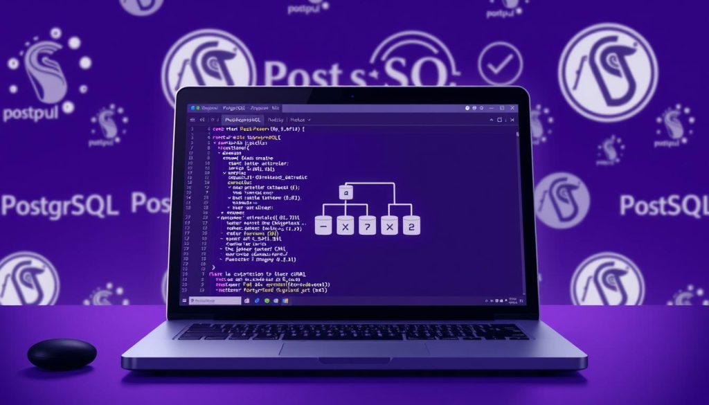 A detailed technical illustration depicting the investigation of PostgreSQL issues, showcasing a sleek, modern user interface with a Royal Purple (#7955a3) color scheme. The foreground features a laptop screen displaying SQL queries and diagnostic tools, while the middle ground showcases a database schema diagram. The background subtly blends PostgreSQL logos and icons, creating a professional, authoritative atmosphere. The lighting is soft and diffused, lending a sense of focus and clarity to the scene. The overall composition conveys a methodical, problem-solving approach to addressing PostgreSQL connection problems.