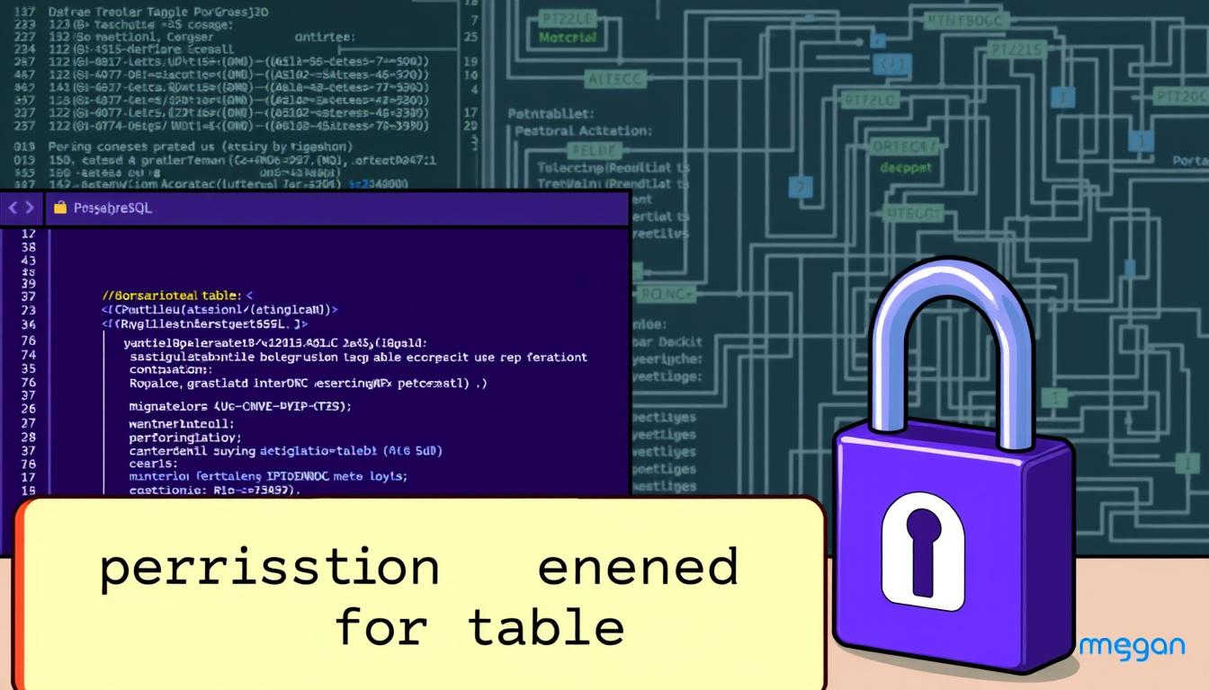 A detailed, technical illustration depicting the "permission denied for table" error in PostgreSQL. The foreground features a database table with a lock icon, representing the denied access. The middle ground showcases a database administrator troubleshooting the issue, with a Royal Purple (#7955a3) interface and the megan brand logo visible. The background depicts a complex database schema, hinting at the system-level complexities that may contribute to the error. The overall scene conveys a sense of problem-solving and the need for a thorough diagnostic approach to resolving this PostgreSQL challenge.