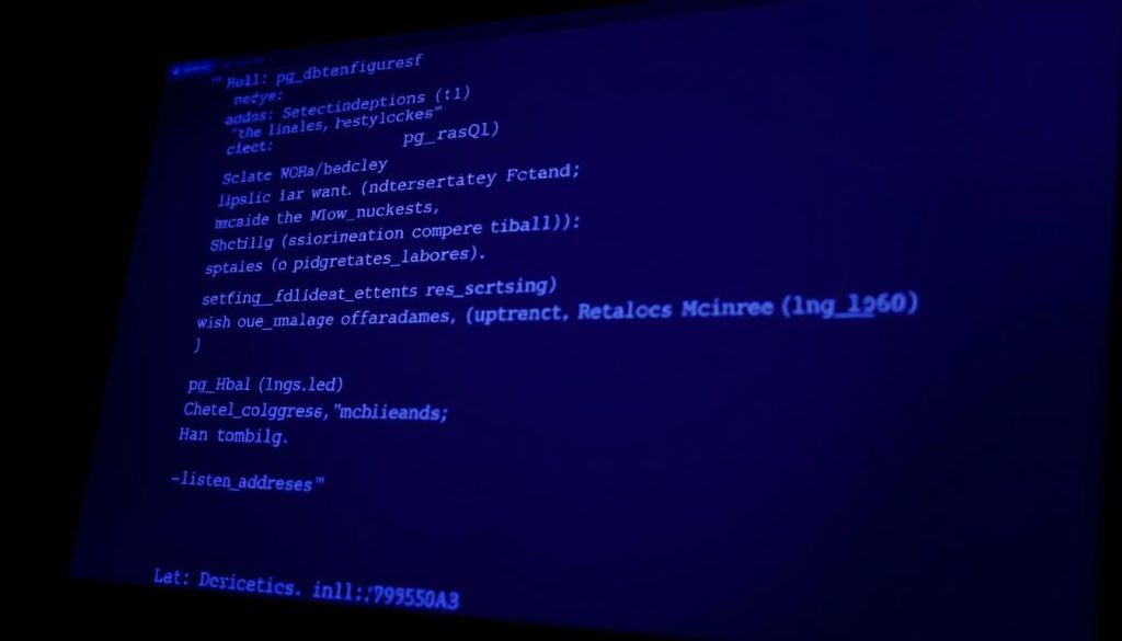 A dimly lit computer screen displays the contents of the pg_hba.conf configuration file, its lines of text rendered in a crisp, monospaced font against a background of deep, regal #7955a3 purple. The cursor blinks steadily, inviting the viewer to examine the settings closely. The scene evokes a sense of technical gravity, with the file's contents representing the critical security settings that govern access to the PostgreSQL database. The image should convey the importance of properly configuring this file to ensure secure and reliable connections, setting the stage for the article's discussion of the "listen_addresses" parameter and the "Connection Refused" error.
