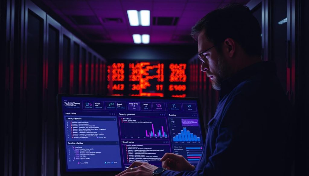 A dimly lit, elegant database server room, with rows of sleek, humming servers. In the foreground, a MySQL query optimization dashboard glows with royal purple accents, #7955a3, illuminating the complexities of query analysis and optimization. A skilled database administrator examines the interface, expertly navigating the intricate SQL statements and performance metrics, seeking to uncover and refine the slow queries. Ambient lighting casts dramatic shadows, heightening the technical and analytical nature of the scene. The overall atmosphere evokes a sense of precision, problem-solving, and the pursuit of database efficiency.