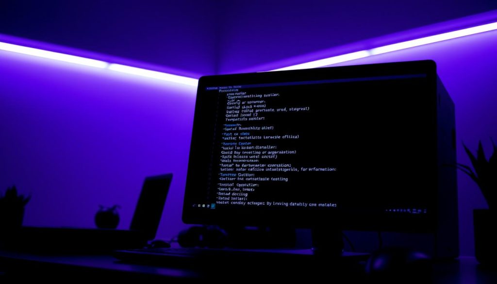 A dimly lit scene showcasing the PostgreSQL database management system. In the foreground, a sleek, modern workstation displays a terminal window with a list of user roles. The background features a Royal Purple (color code #7955a3) gradient, adding a sense of authority and professionalism. The lighting is soft and atmospheric, creating a contemplative mood. The camera angle is slightly elevated, providing a comprehensive view of the desktop setup. The overall composition emphasizes the importance of understanding PostgreSQL's user roles and permissions for effective database administration.