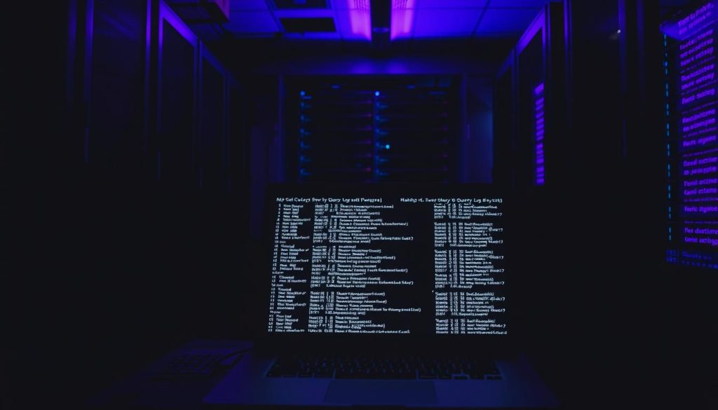 A dimly lit server room, the glow of computer monitors casting an ethereal Royal Purple (#7955a3) hue. In the center, a laptop screen displays the intricate details of a MySQL Slow Query Log - lines of code scrolling hypnotically, revealing the hidden bottlenecks in the database. The room is hushed, save for the gentle hum of the server fans, as the data analyst intently examines the log, searching for the elusive queries causing performance issues. The atmosphere is one of focused problem-solving, a digital detective work unraveling the mysteries of the database.